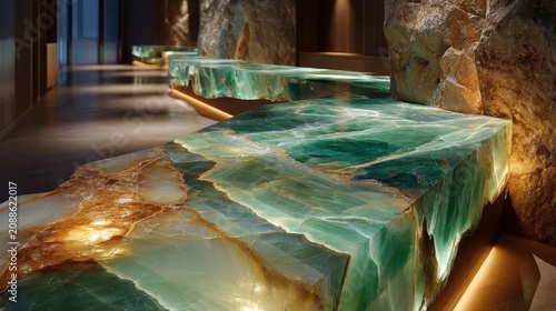 luxury onyx material polished green onyx slab in a luxury spa with natural veining and backlighting, showcasing a minimalist composition with negative space and sharp details