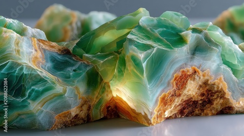 Luxury onyx material backlit green mineral showing natural translucency and emerald veining. Studio lighting reveals layered texture against neutral backdrop.