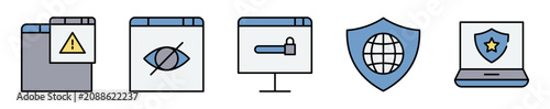 Conjunto de iconos de protección de datos. Representa privacidad digital. Incluye advertencias, confidencialidad, acceso restringido, navegación segura y defensa informática. Ilustración vectorial