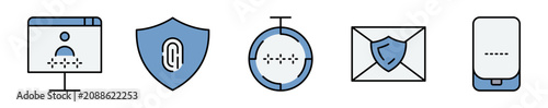 Conjunto de iconos de autenticación segura. Representa verificación digital. Incluye identidad, certificados, correo protegido, validación y dispositivos. Ilustración vectorial