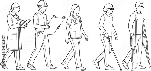 Diverse working professionals and people with disabilities walking side view vector line art collection