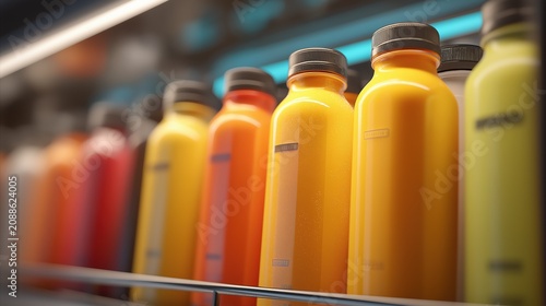 High-quality ready-to-drink protein beverages in vibrant colors lined up in a modern refrigerator display, showcasing a clean and organized retail environment