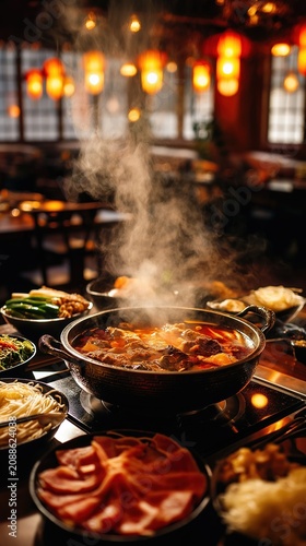 High steaming hot pot filled with rich broth and fresh ingredients on a dining table in a cozy restaurant setting with warm ambient lighting