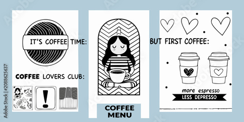 Schilderij op canvas Coffee Themed Illustrations Black And White Vector Graphics