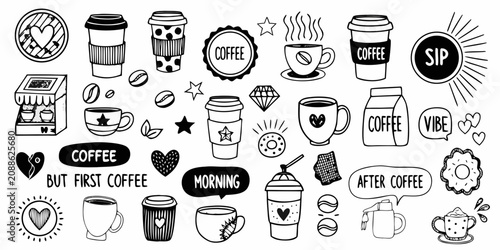Cuadro en lienzo Coffee Related Elements Black And White Vector Illustration Collection