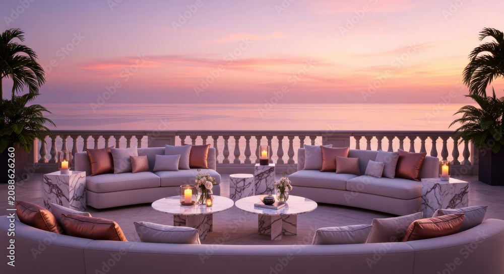 Fototapeta premium Luxury Oceanfront Terrace Lounge At Sunset With Serene Ocean Views