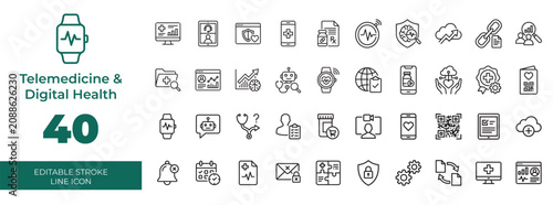Obraz na plátně Telemedicine and Digital Health Line Icons Collection