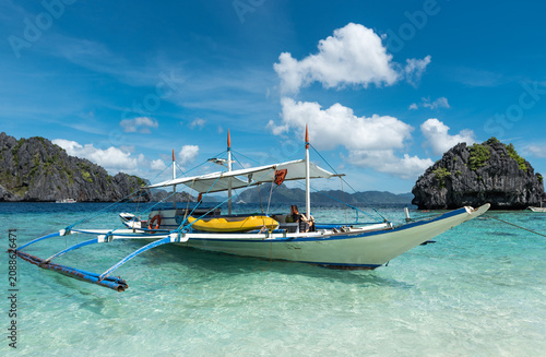 Philippine Outrigger Boat, known as a Bangka, Used for Tourist Island Hopping. El Nido, Palawan.
