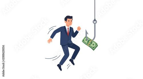 Quadro su tela Businessman chasing money bait on fishing hook, financial risk concept