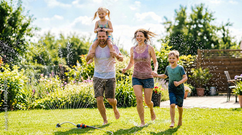 Family runs around in backyard playing with water from sprinkler. Children laugh and splash while parents enjoy summer day. Concept of family fun, outdoor activities, summer games