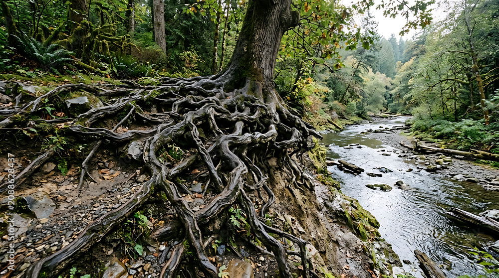 Fototapeta premium Deeply rooted tree overlooking a clear flowing river in a lush, green forest, a captivating display of nature's resilience and timeless beauty in a serene wilderness