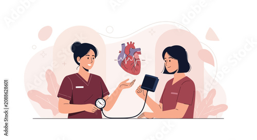 Doctor and Patient Checking Blood Pressure with Heart Illustration, Medical Care Concept