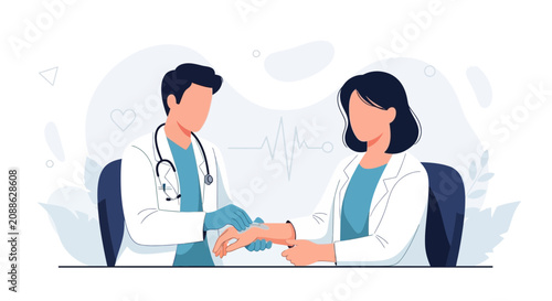 Doctor and patient consultation, medical check-up, doctor measuring pulse, modern flat illustration