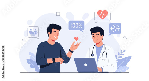 Doctor and Patient Discussing Health Data on Laptop, Telemedicine Concept, Flat Design Vector Illustration