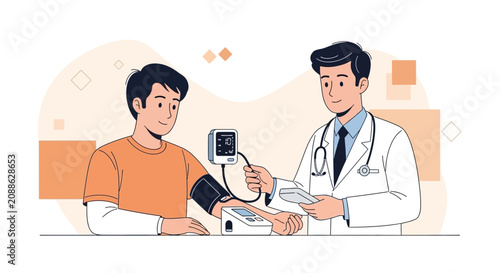 Doctor checking patient's blood pressure with digital monitor, vector illustration of healthcare check-up and medical consultation