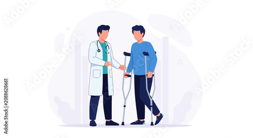 Doctor assisting patient with crutches, concept of rehabilitation and medical care
