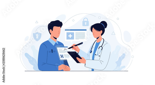 Doctor and Patient Discussing Medical Records and Digital Health Security