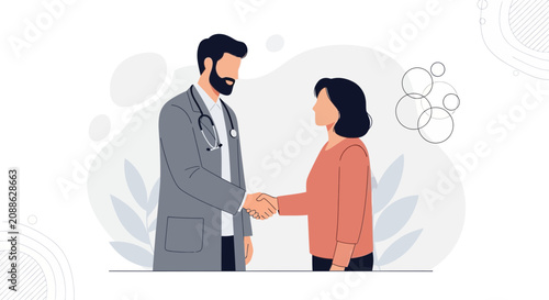Doctor and patient shaking hands, symbolizing trust, health, and medical consultation in a modern flat illustration style.