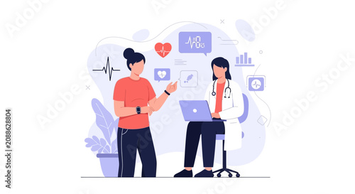 Doctor Consults Patient with Wearable Tech, Discussing Health Data and Heart Rate Monitoring