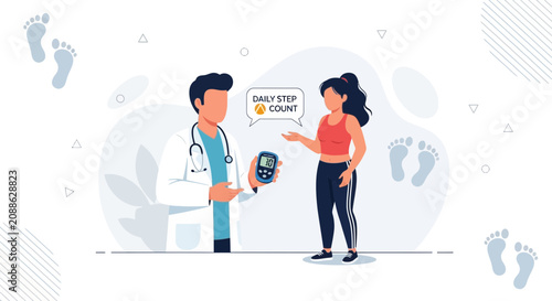 Doctor discusses daily step count and health monitoring with a patient using a glucometer