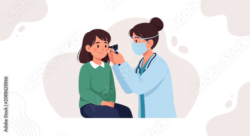 Doctor examines a child's ear with an otoscope, vector illustration, healthcare concept