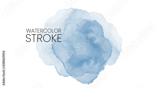Fényképezés A single, bold, blue watercolor stroke with the words 'WATERCOLOR STROKE' clearly visible to the left on a pure white background
