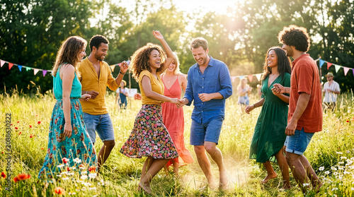 Friends dance joyfully in open field surrounded by trees. Bright sunlight shines down on gathering. Concept of celebrations, social events, outdoor parties