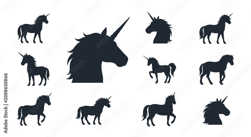 Fototapeta premium A collection of unicorn silhouettes in various poses and views