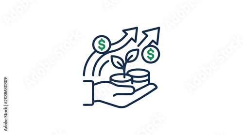 Foto Financial Growth Concept: Hand Holding Coins with Growing Plant and Upward Arrow
