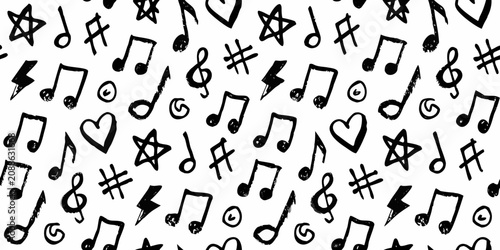 Tableau sur toile Musical notes and symbols seamless pattern black and white
