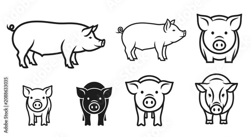 Seven pigs and boars in various poses and line styles are shown.