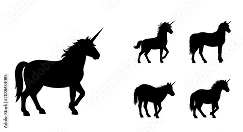 Five black unicorn silhouettes walk freely in a fantasy landscape