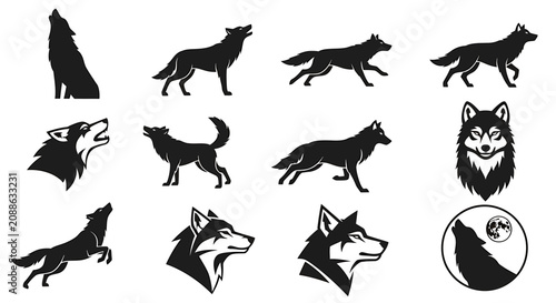 Black silhouettes of wolves howling and running freely outdoors at night.