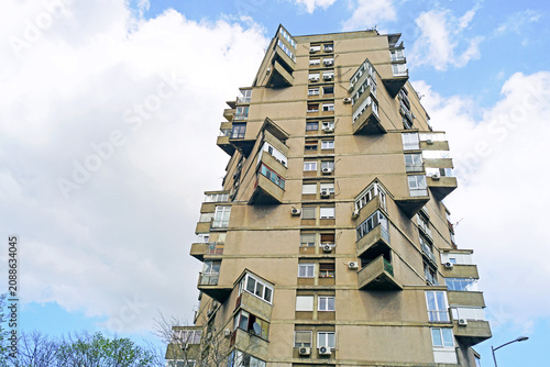 Принти на полотні Facade of Karaburma Residential Housing Tower known as Toblerone with zigzag balconies