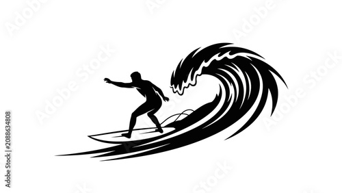 Surfer rides massive wave on surfboard with skill and balance in ocean