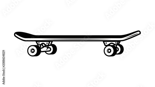 A skateboard with wheels is shown in profile view horizontally