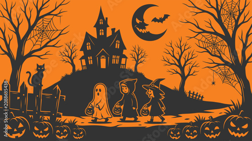 Cuadro en lienzo Children trick or treating at a haunted house for halloween night
