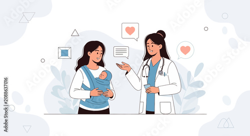Doctor Consults Mother with Baby, Healthcare and Parenthood Concept, Flat Design