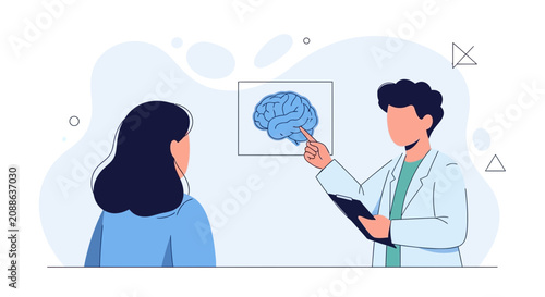 Doctor Consults Patient About Brain Health with Brain Scan Illustration