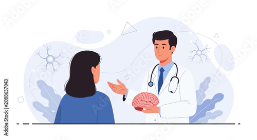 Doctor Consults Patient Discussing Brain Health and Neurological Science with Brain Model and Neurons