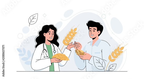 Doctor consulting patient about grain, wheat, and healthy diet. Wheat allergies, gluten intolerance, nutrition and medicine concept.