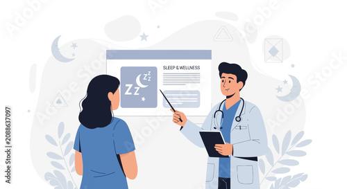 Doctor Consulting Patient About Sleep and Wellness, Vector Illustration