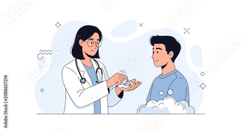 Doctor Consulting Patient, Offering Pills for Treatment - Modern Flat Illustration Style