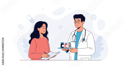 Doctor Consulting Patient, Offering Prescription Medicine Bottles