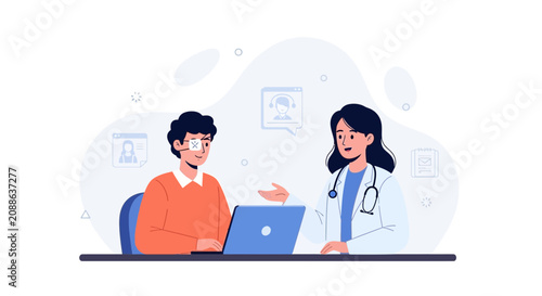 Doctor Consulting Patient Online, Telemedicine and Health Care Concept, Vector Illustration
