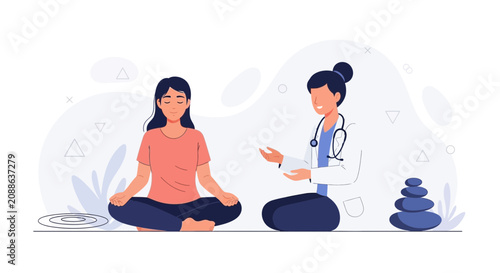 Doctor Consulting Patient on Mindfulness and Meditation for Health and Wellness, Flat Vector Illustration