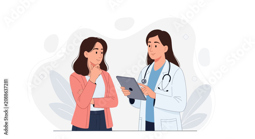 Doctor consulting patient on digital tablet, healthcare consultation, medical checkup, and wellness discussion in a modern clinic