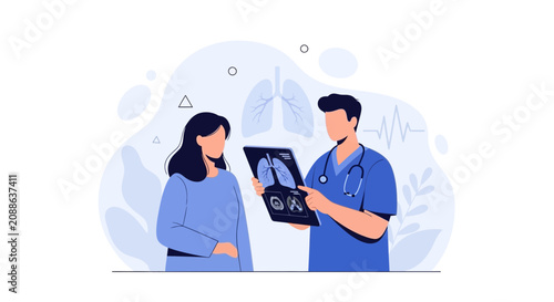 Doctor consulting patient with lung X-ray scan, illustrating medical diagnosis and respiratory health, flat design vector illustration.