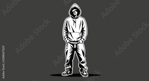 Man standing hooded sweatshirt jeans sneakers full body illustration