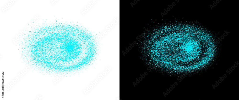 Obraz premium Cyan spray paint texture on white and black background, neon blue aerosol splatter effect, abstract circular paint drip element for graphic design png